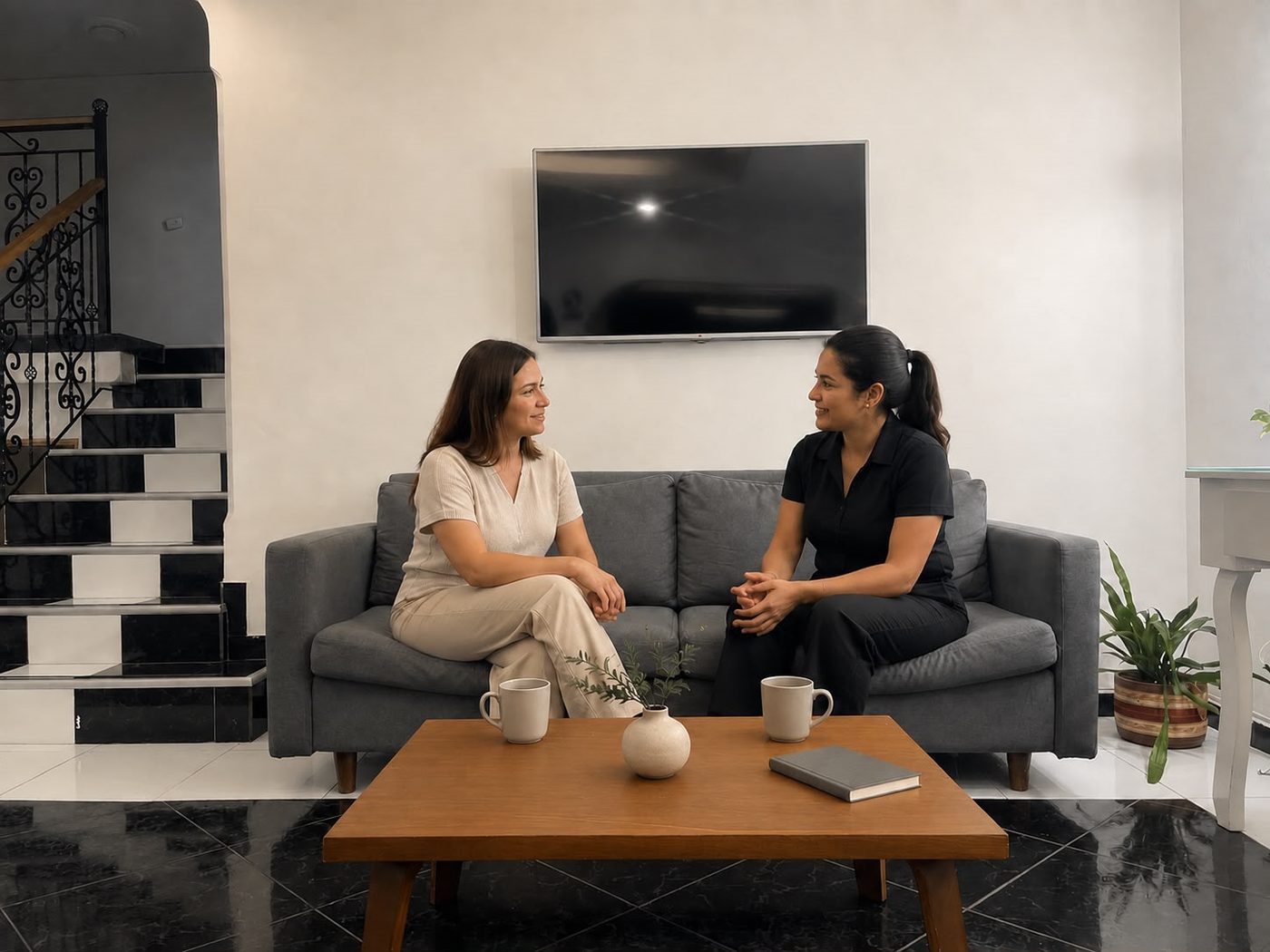 Sala de estar común de Lotus Studio con sofá y televisor para descansar entre transmisiones